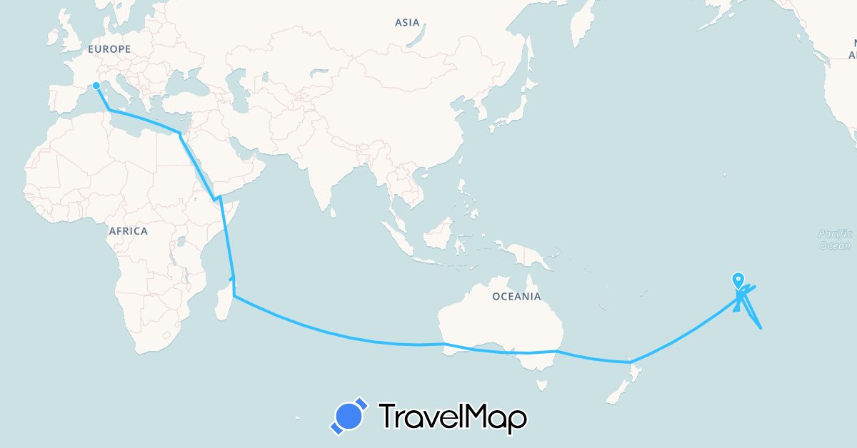 TravelMap itinerary: boat in Australia, Djibouti, Egypt, Madagascar, New Zealand, French Polynesia, Yemen (Africa, Asia, Oceania)